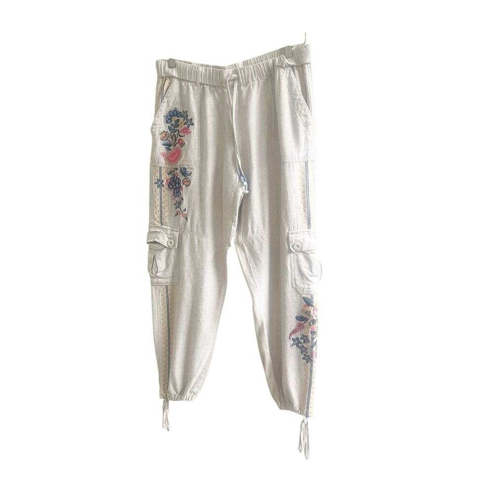 Paparazzi Embroidered Linen Blend Jogger Style Pants Size Large Tan Bohemian
